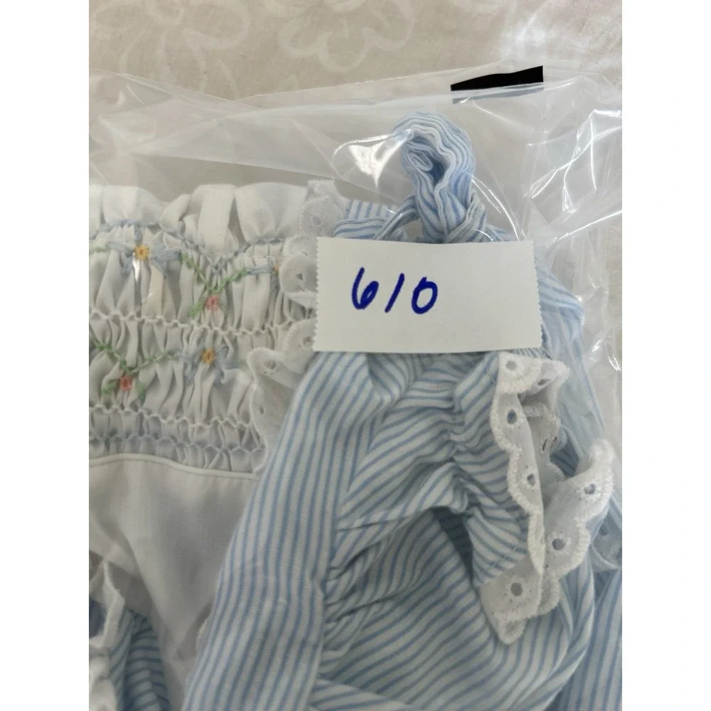 Polly Flinders Hand Smocked Dress Lightweight Blue Ruffled Collar Size 18 Months